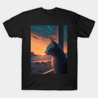 Design of a grey cat watching a sunset by the sea T-Shirt